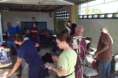 Volunteers setting up a dental facility in Haiti. 